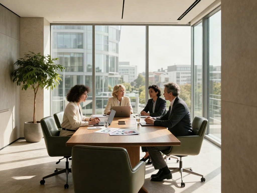 Consultants sharing business insights in a sunlit contemporary boardroom