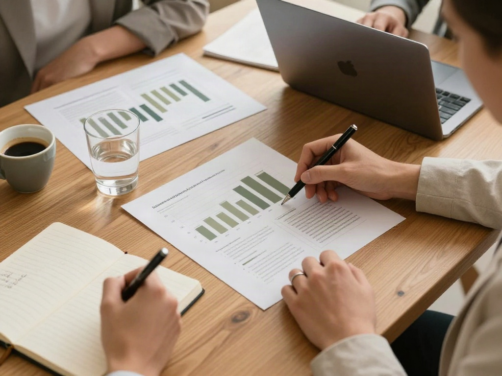 A hands-on business review with printed analytics, a notebook and colleagues working together